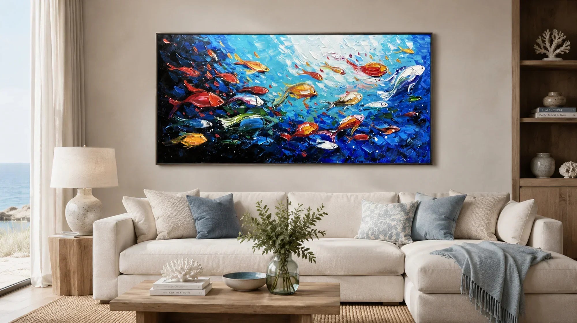 Coastal living room, beige sofa with colorful impasto school of fish oil painting wall art