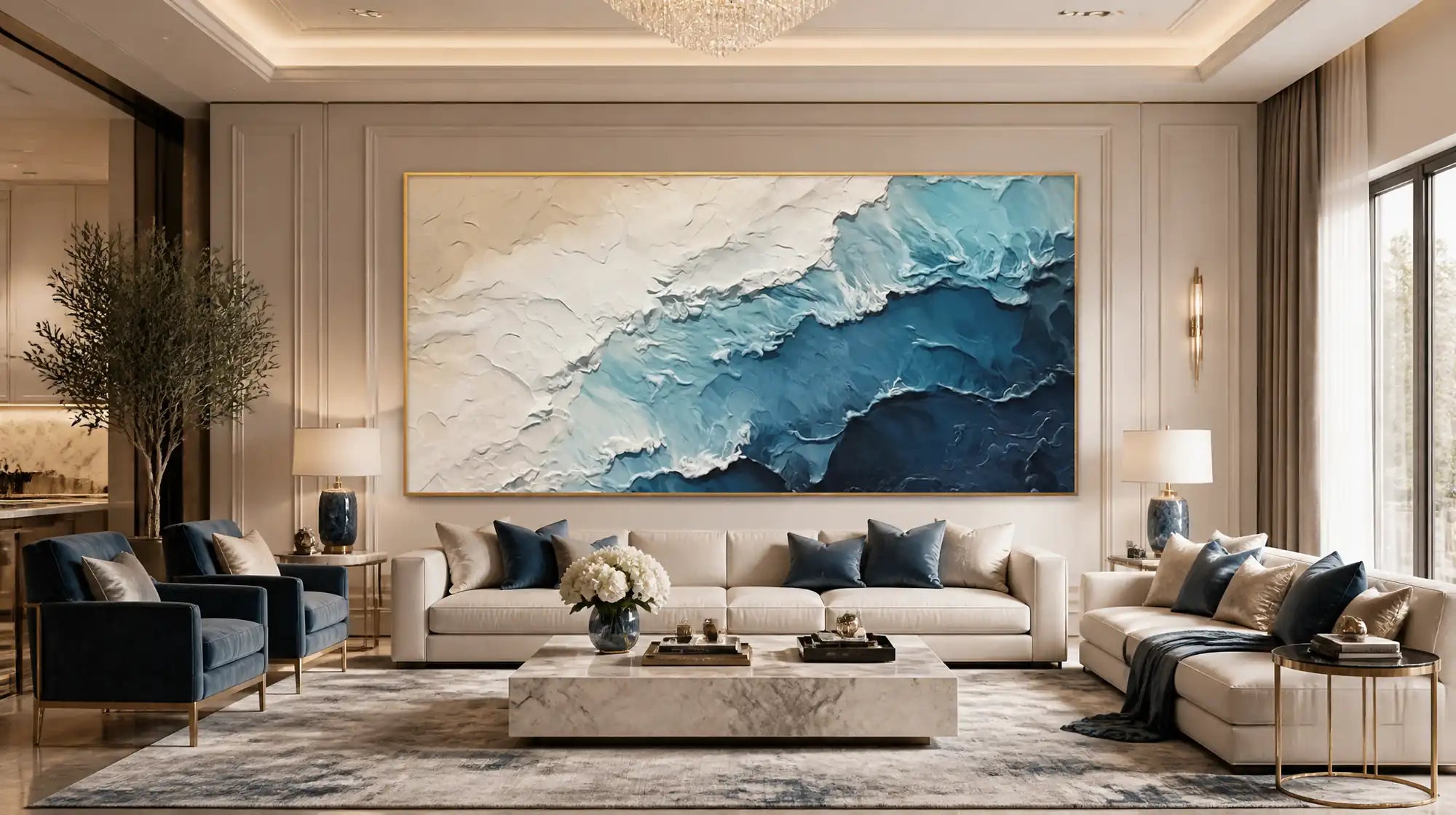 Montcarta large ocean wave texture painting as a blue accent wall art in a luxury salon.