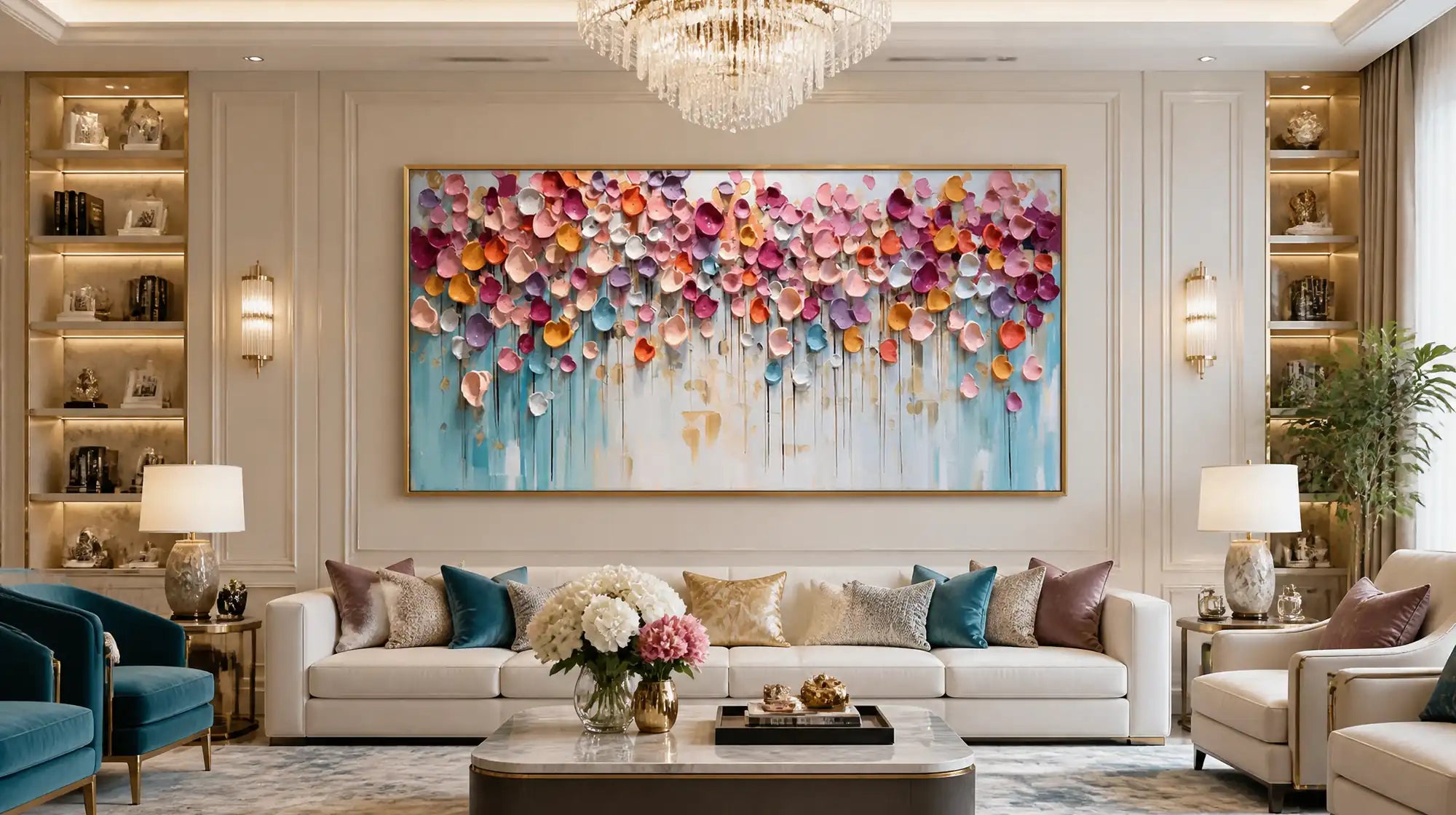 Montcarta large horizontal 3D floral wall art centered above a cream fabric sofa.
