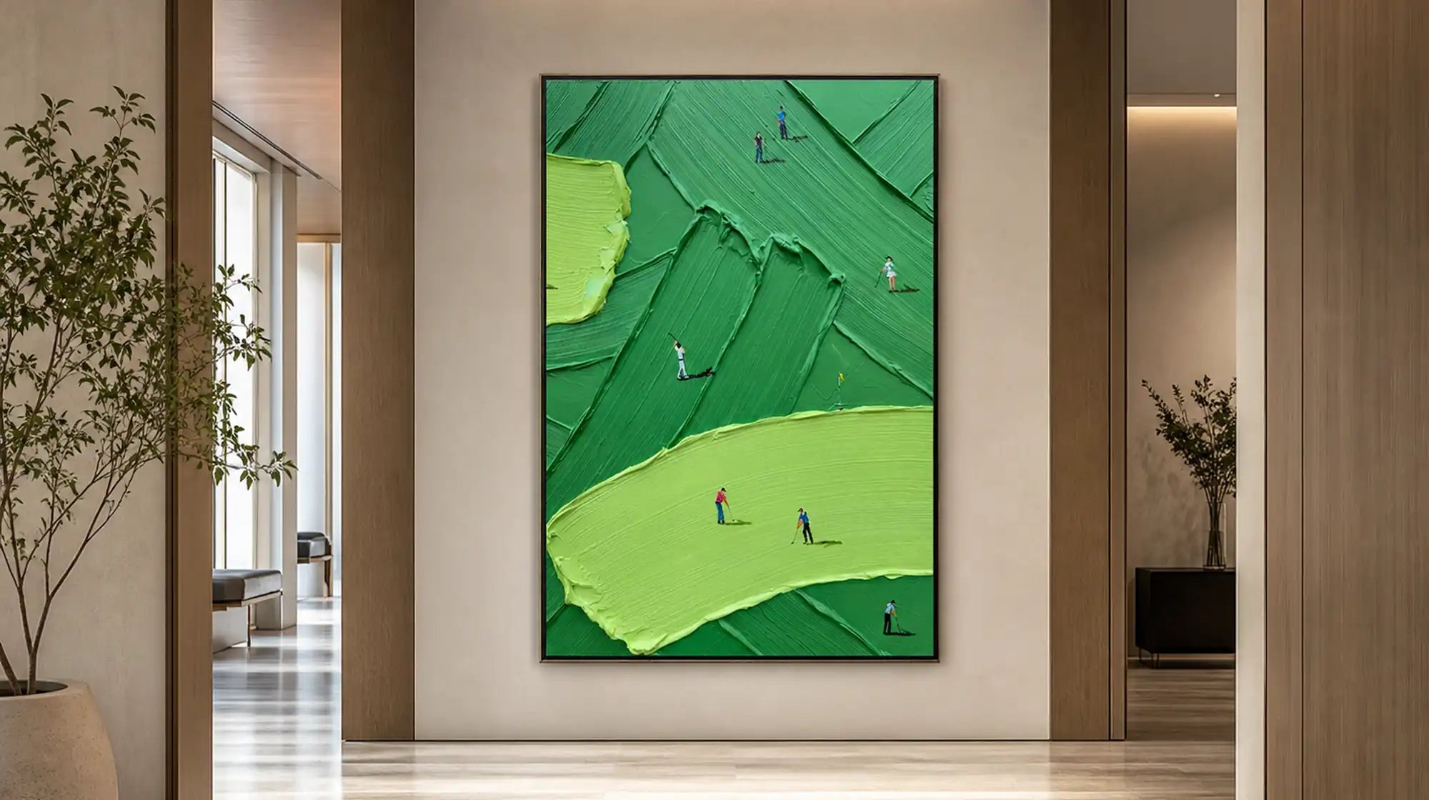 Large vertical green impasto oil painting with tiny golfer figures on a textured golf course, displayed in a modern hallway.