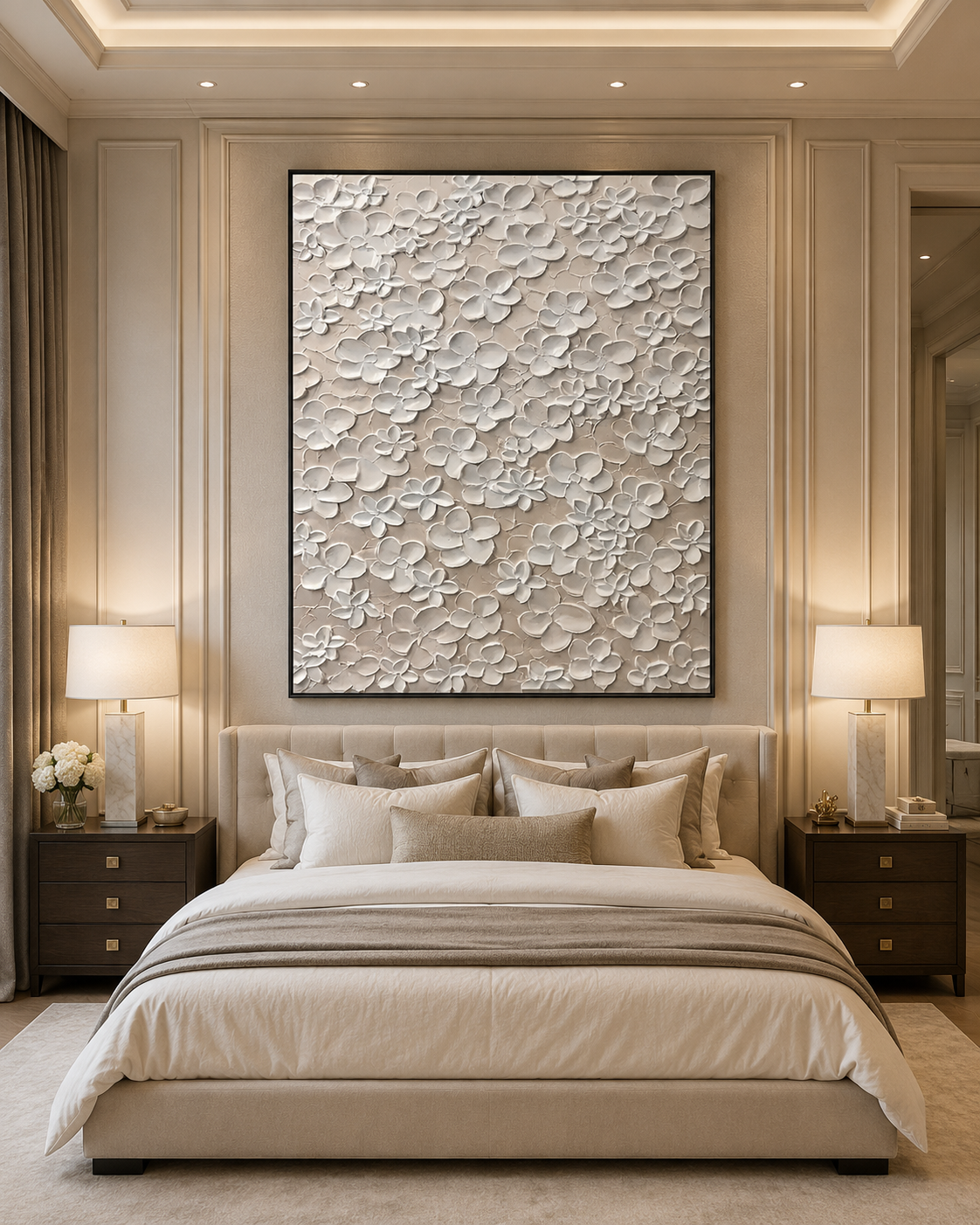 Montcarta large vertical white floral 3D textured art over a beige bed.