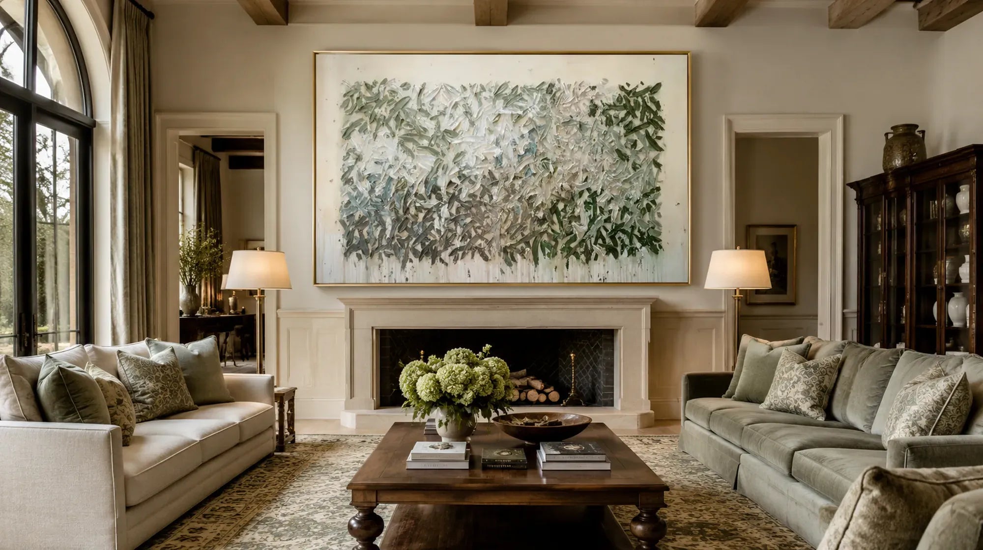 Large textured green foliage canvas art displayed in cozy traditional living room