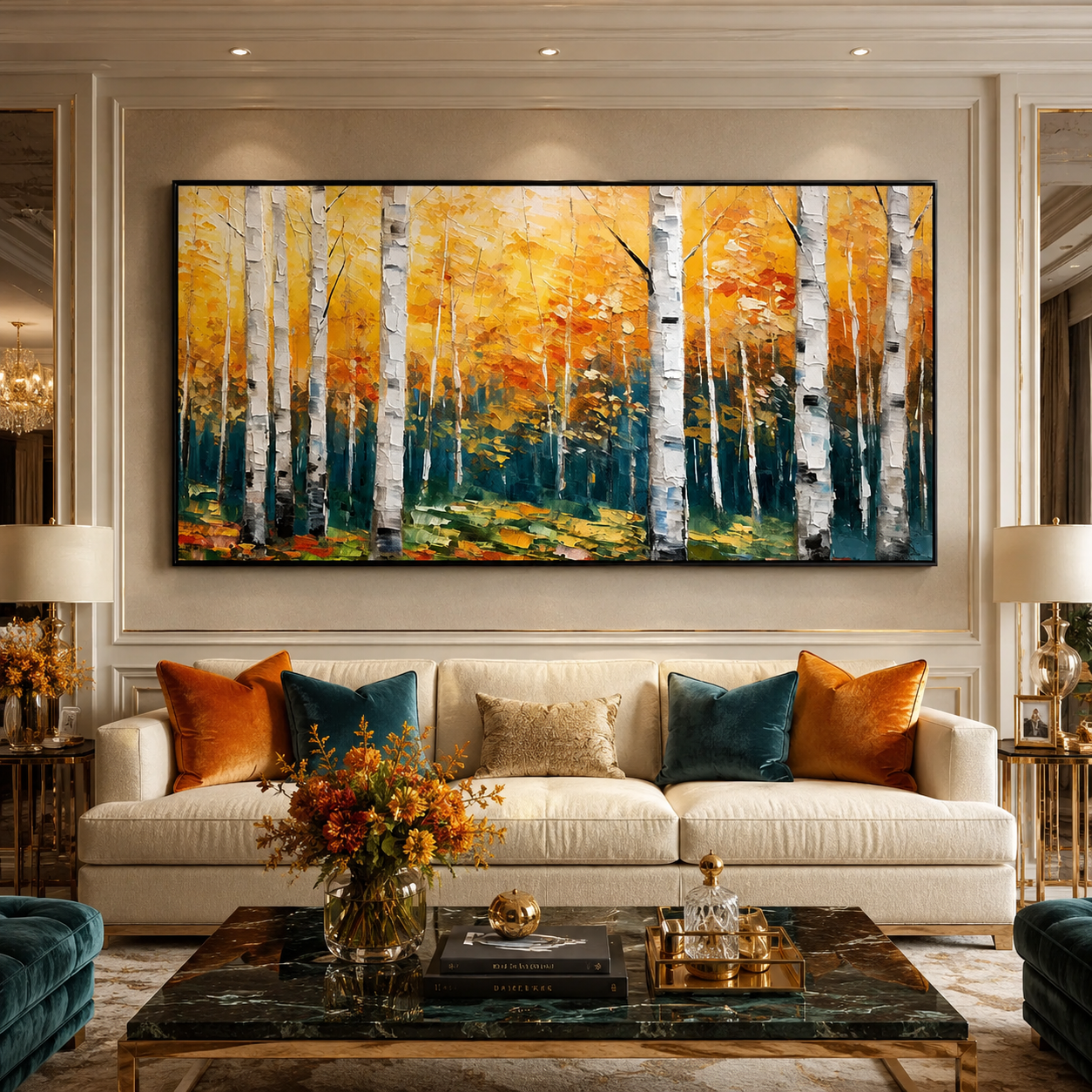 Montcarta vibrant autumn birch forest textured nature painting over a living room sofa.
