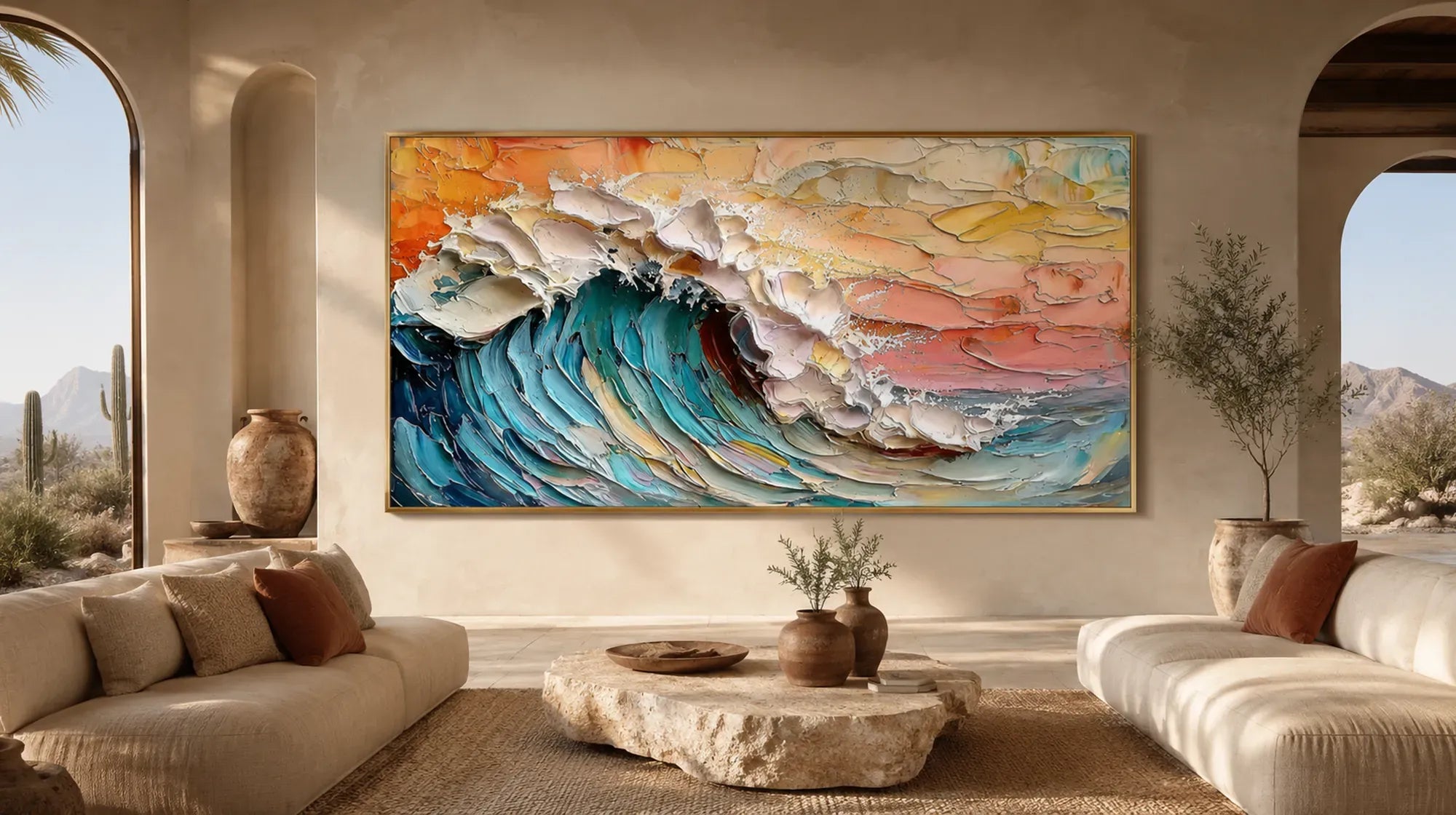 Vibrant textured seascape painting, large coastal wall decor in warm boho home interior