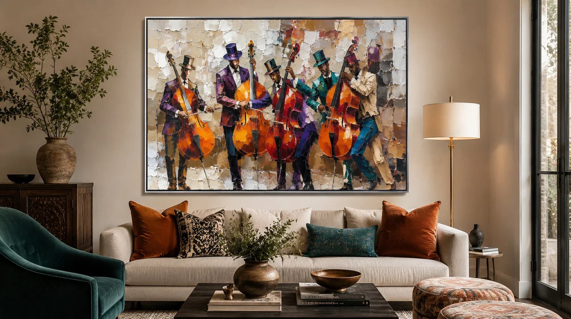 Colorful textured painting of jazz musicians playing cello for home wall decor