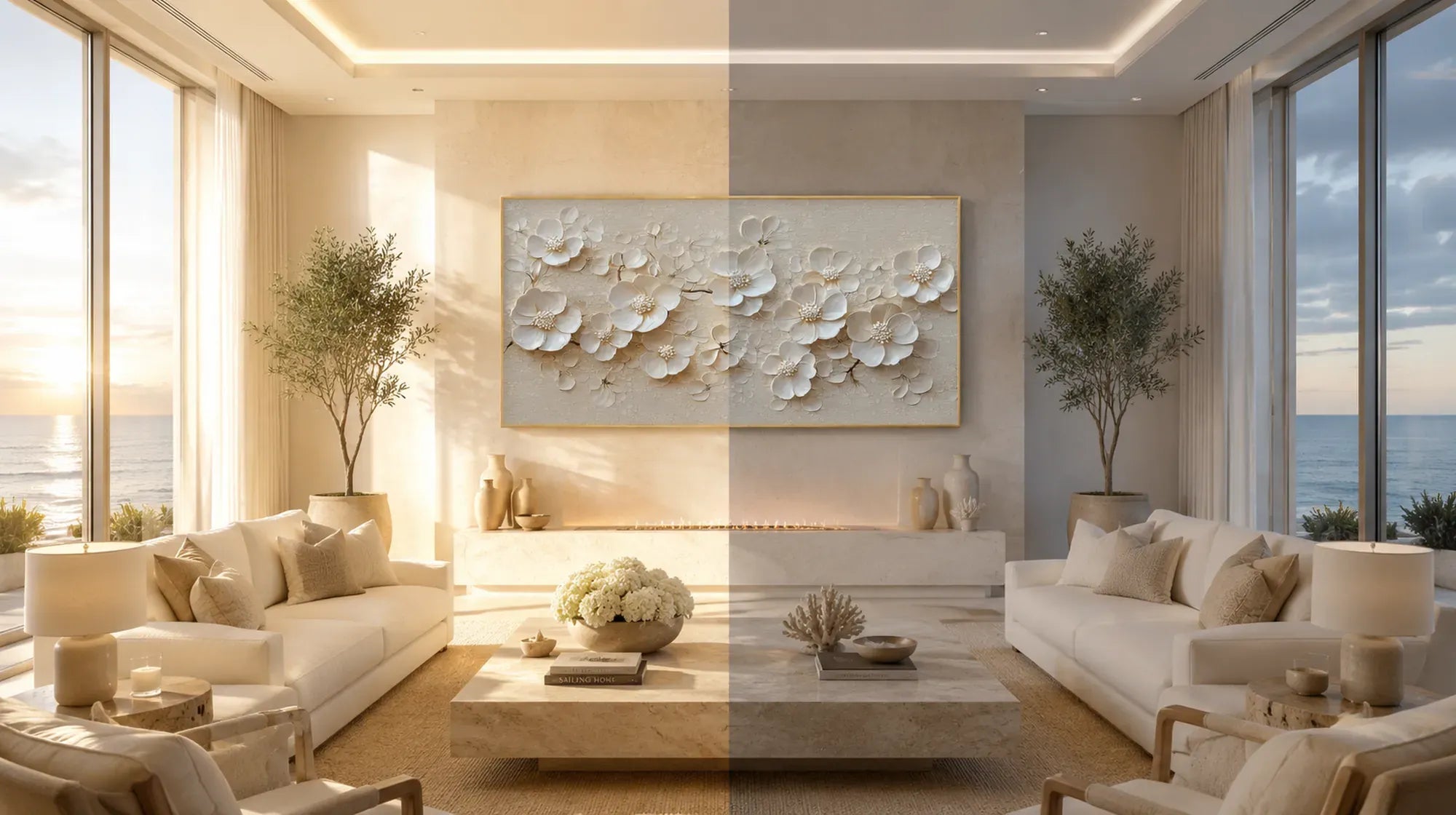 Day and night comparison shot, large impasto white flower canvas in ocean view luxury home
