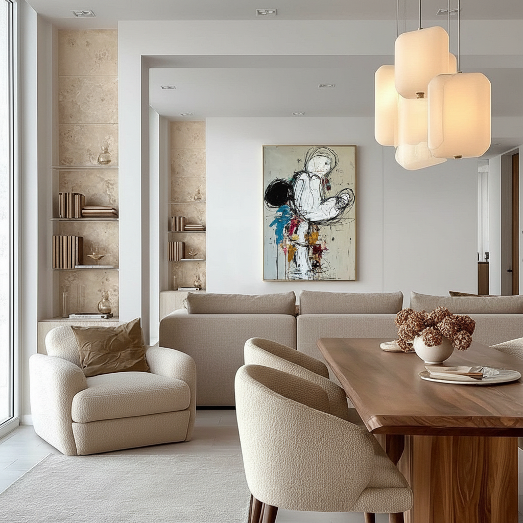 Open-Plan Flow: Harmonizing Dining Art with Living Room Hues