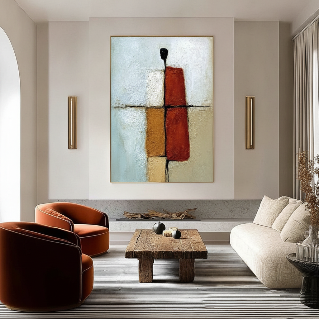 A large-scale hand-painted hero piece in a modern living room, establishing the primary narrative.