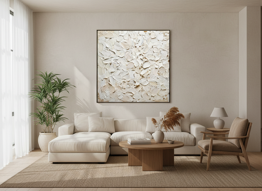 Textured oil painting displayed in a steady indoor living room away from moisture and heat sources
