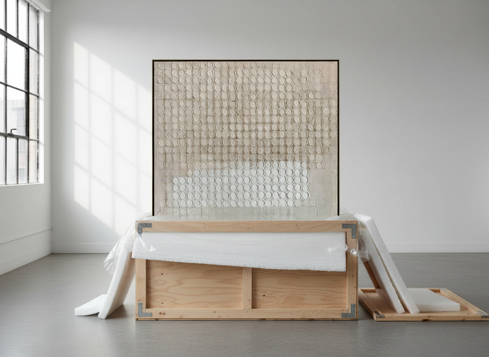 Large textured abstract painting being packed for shipping in a protective crate with cushioning around the artwork