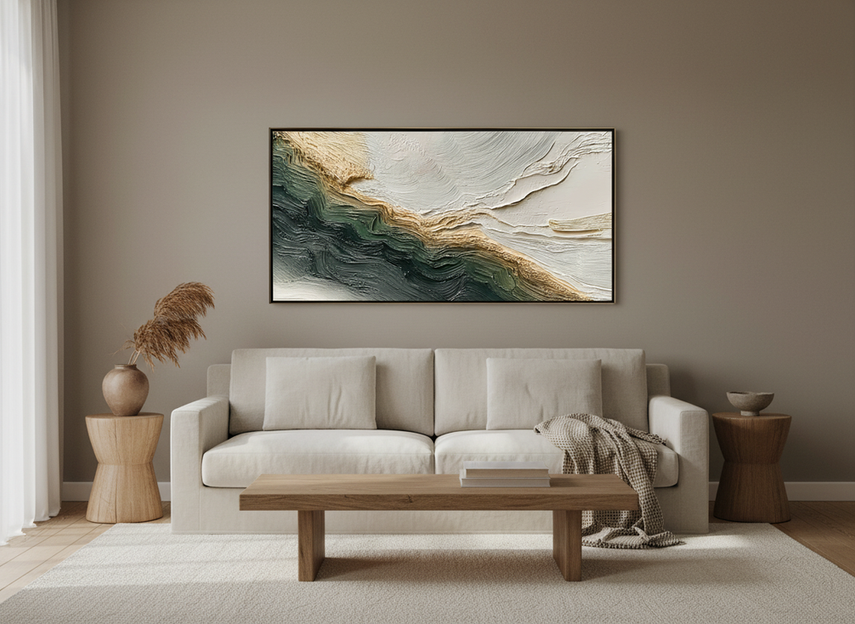 Wabi-sabi textured abstract wall art in a calm minimalist living room above a sofa