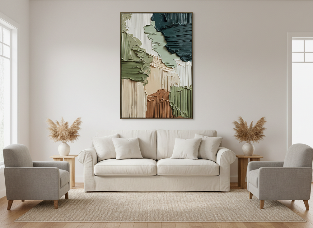 Textured abstract wall art displayed above a sofa in a calm family living room, viewed from across the room