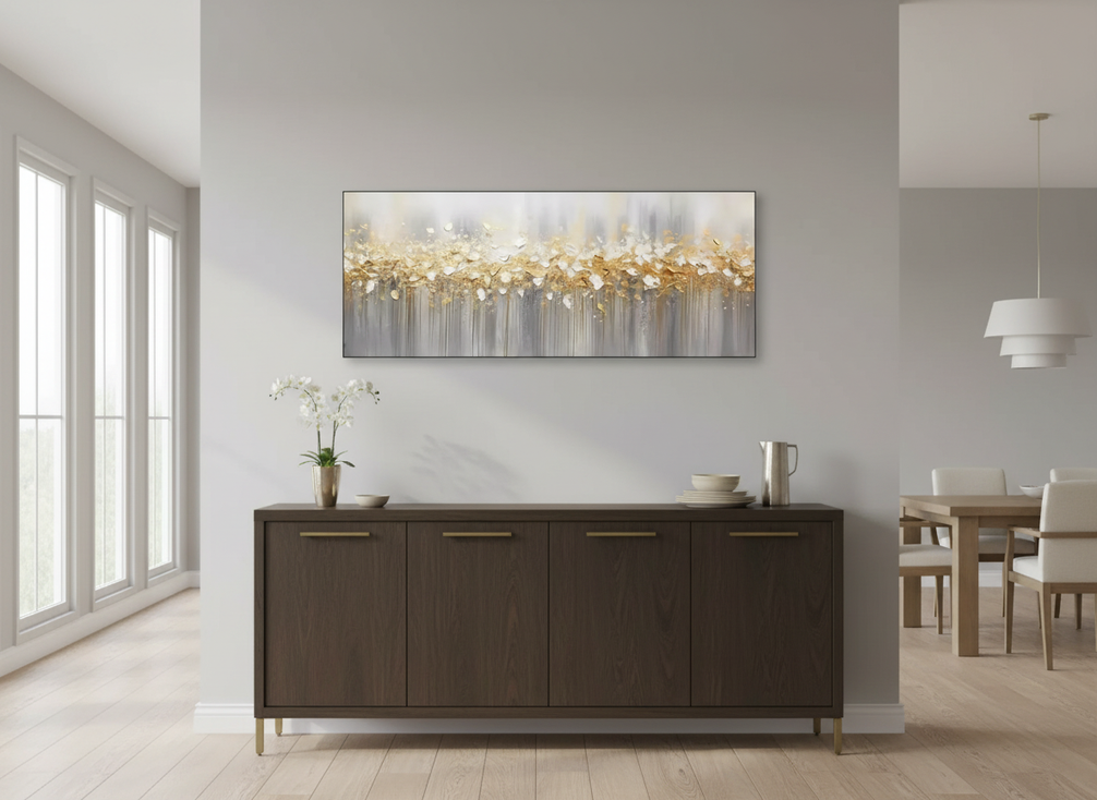 Dining room buffet with wide horizontal wall art centered above it in a bright, styled interior