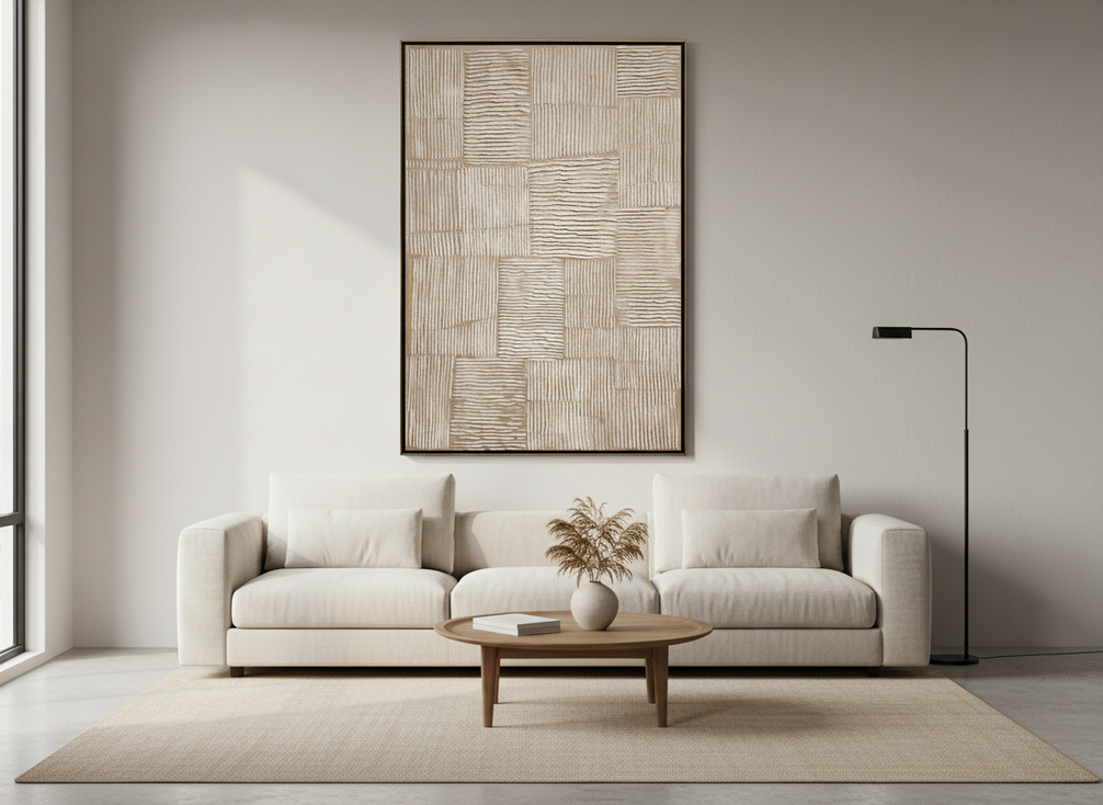 Neutral textured abstract wall art arranged above a sofa in a calm modern living room