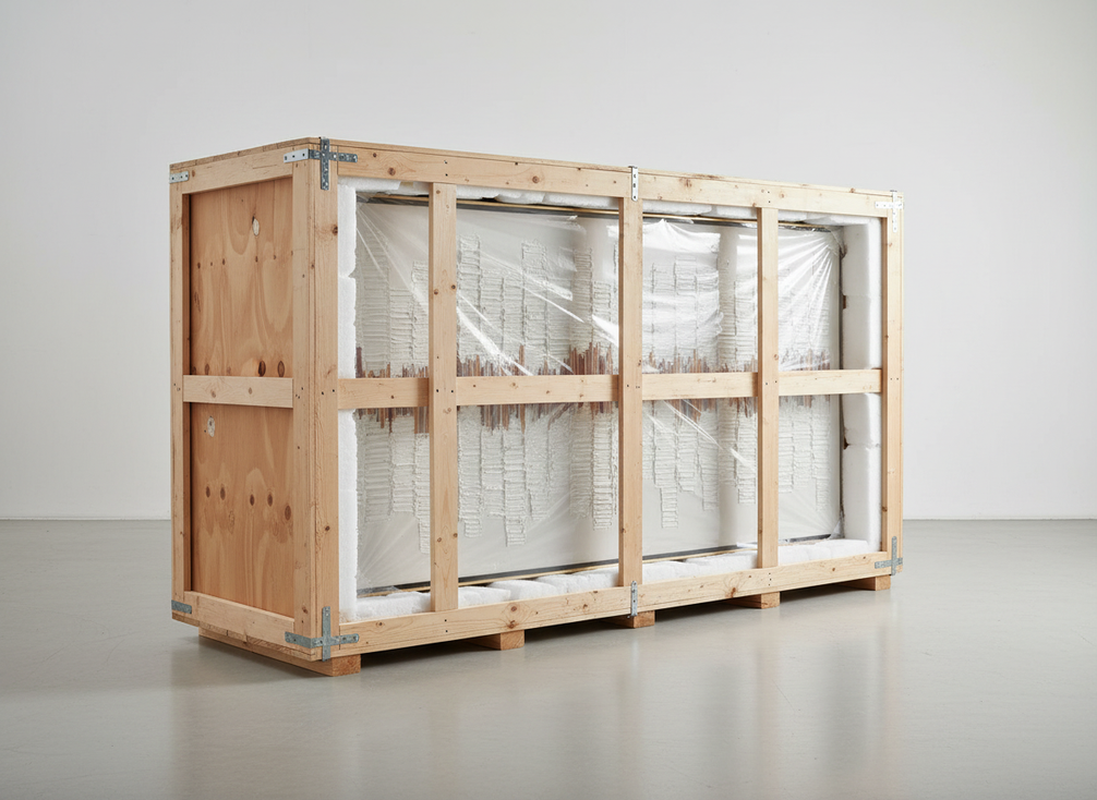 Large textured abstract wall art carefully packed for shipping in a rigid crate, ready for transit
