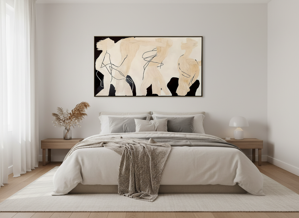 Textured abstract wall art above a bed in a calm neutral bedroom with soft bedding and a simple headboard