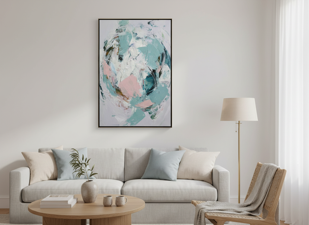 Textured abstract original painting displayed in a bright modern living room, showing layered paint surface and handcrafted detail
