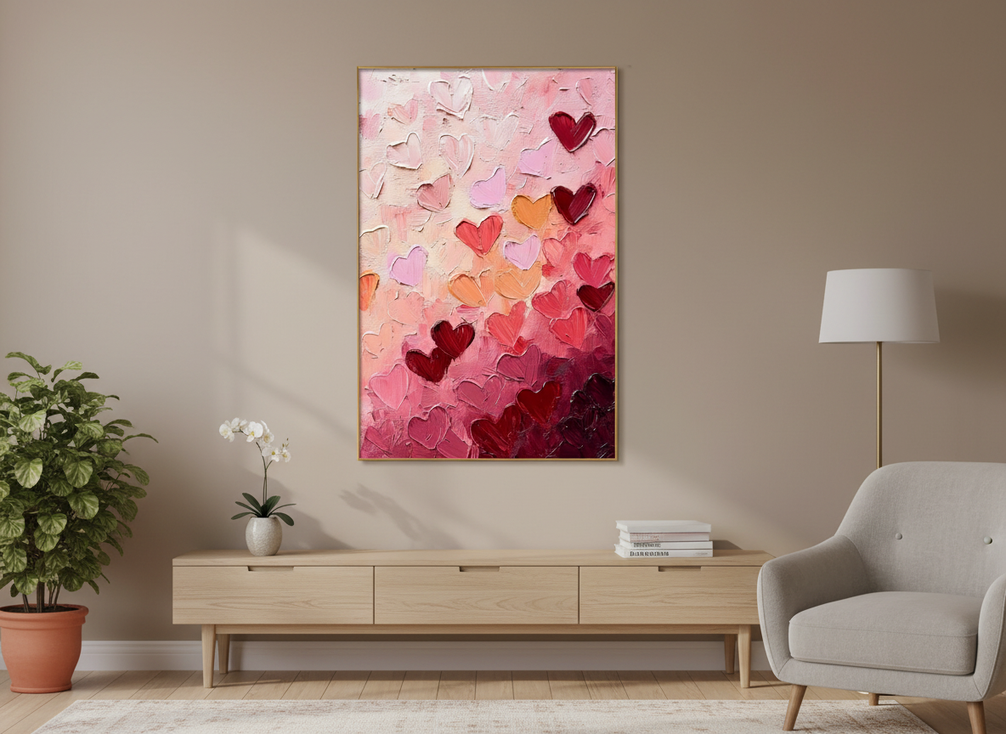 Textured impasto painting in a living room, shown as a safe display piece away from direct sunlight and vents