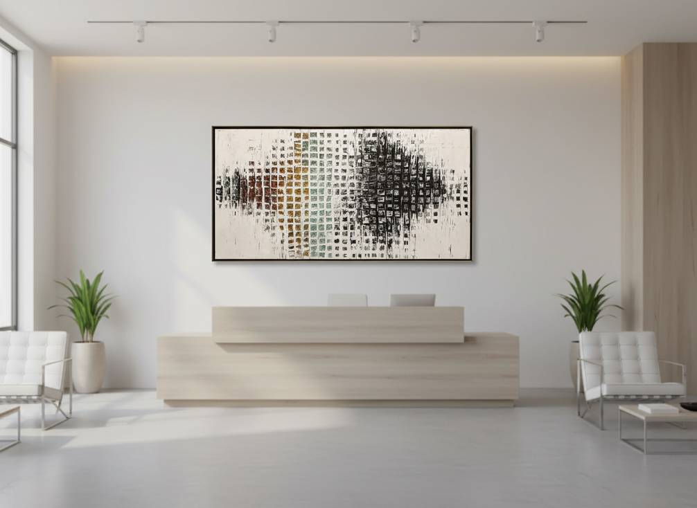 Large textured abstract art in a modern office reception area above a clean desk, viewed from across the room