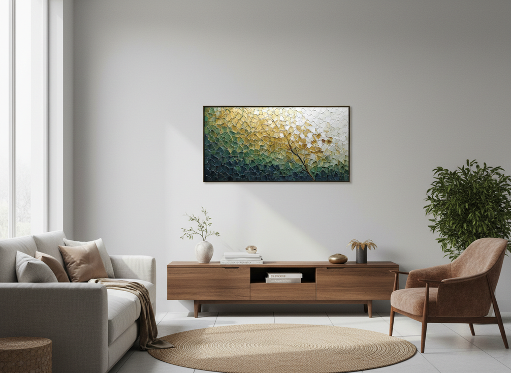 Hand-painted textured oil painting on a wall with thick surface relief visible in angled light