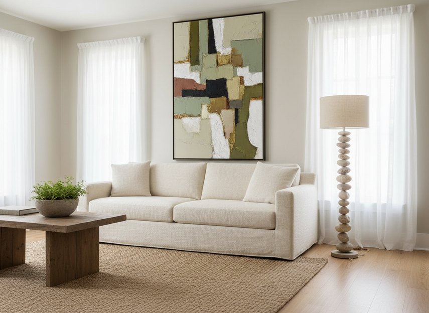 Textured wabi sabi abstract wall art in earthy neutral tones on a warm living room wall above a sofa
