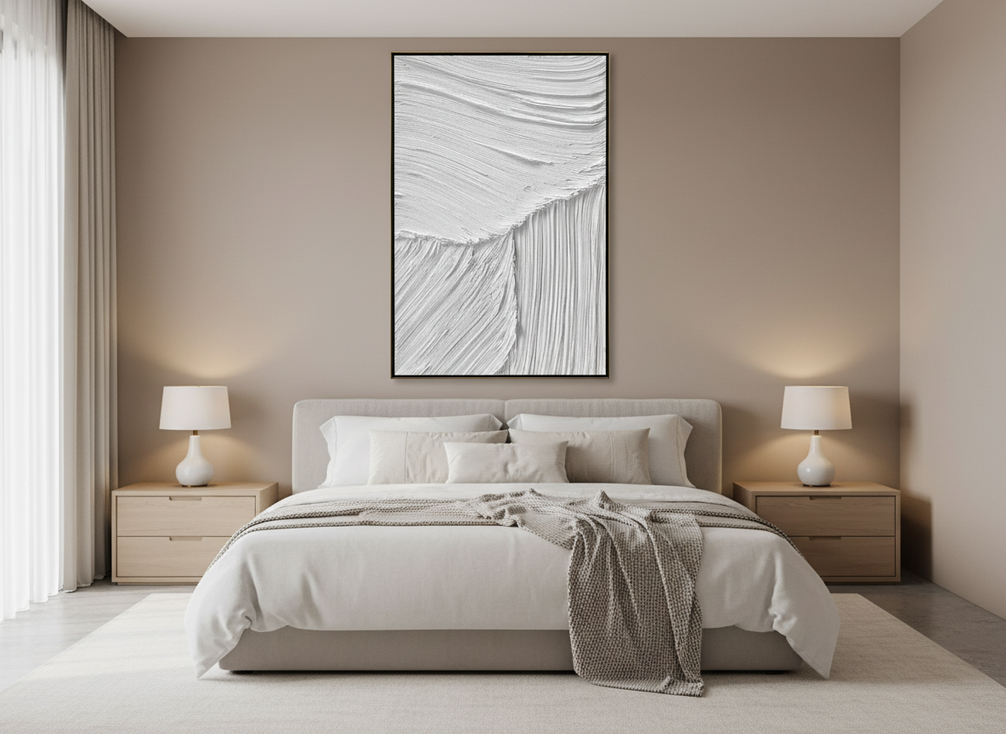 Oversized textured abstract wall art above a bed in a calm bedroom, centered over the headboard with balanced spacing.