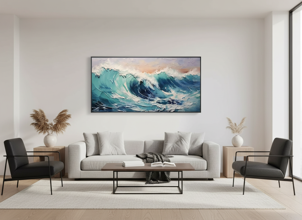 Panoramic textured wall art above a sofa in a bright modern living room