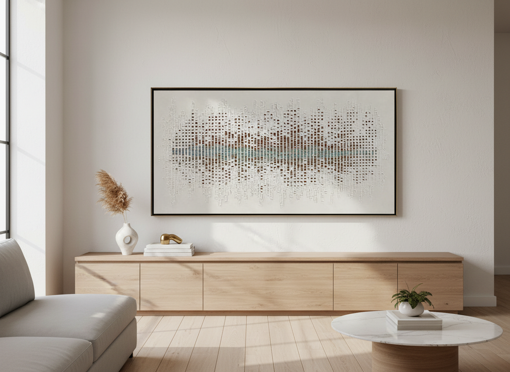 Original textured painting displayed as a room focal point in a modern living space