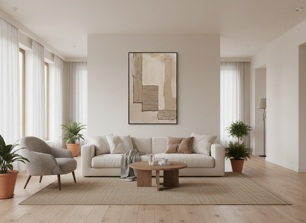 Large abstract textured wall art in an open living room above a sofa, helping soften echo in a bright modern space