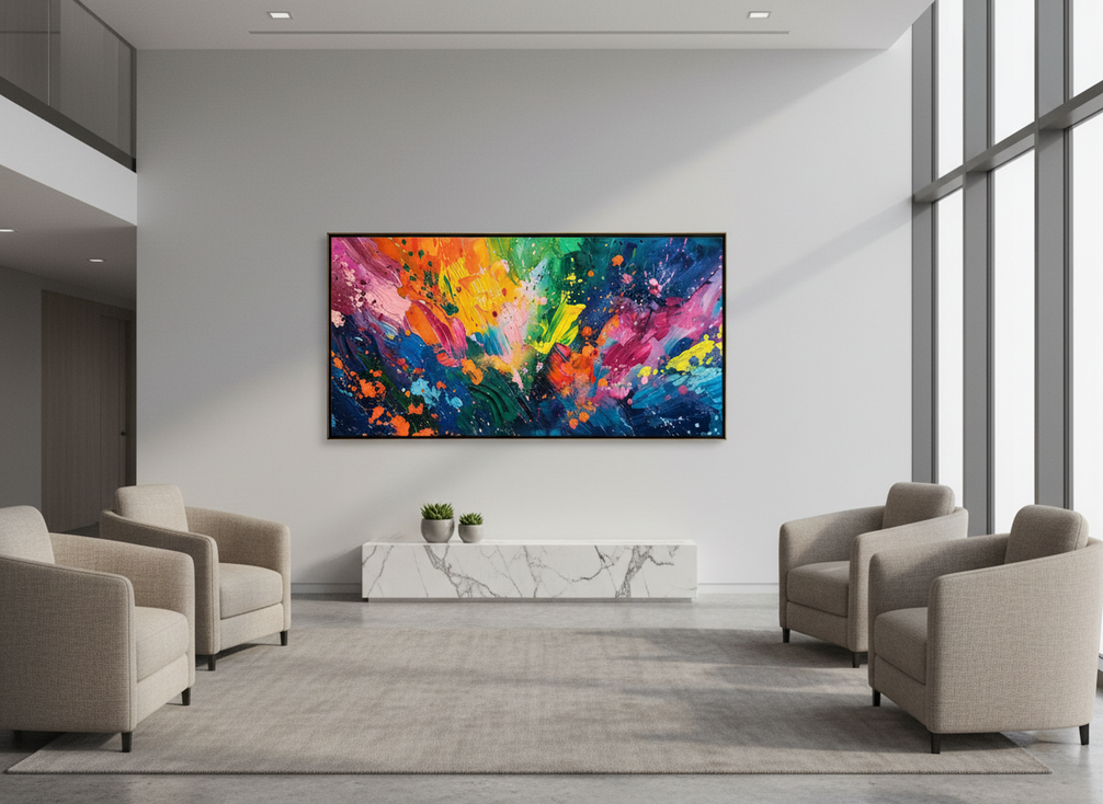 Original textured abstract artwork on a wall in a modern office lobby, viewed at a distance with clean surrounding space