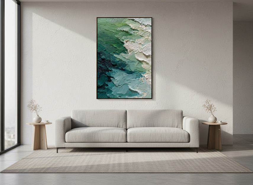 Abstract oil painting on a wall in a bright living room, shown in soft daylight for color evaluation
