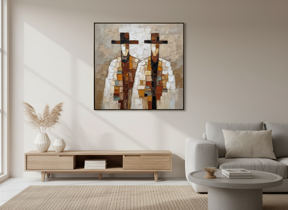 Textured abstract figurative impasto wall art with layered paint and visible surface relief, shown as a modern statement piece in a softly lit interior