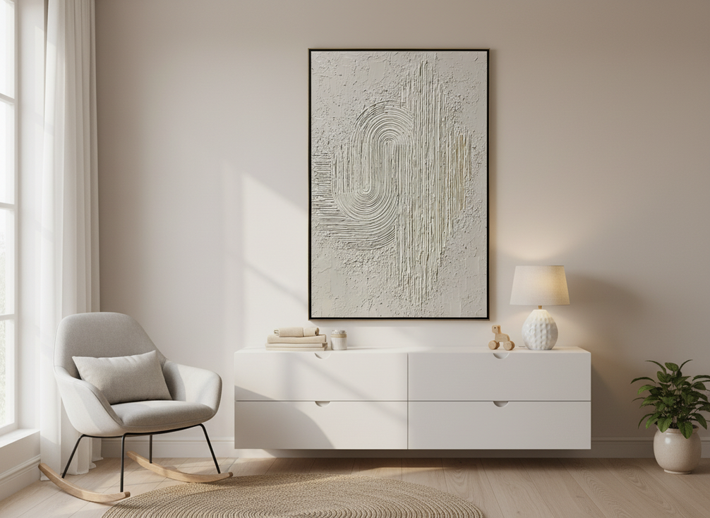 Textured neutral abstract wall art in a calm nursery above a dresser