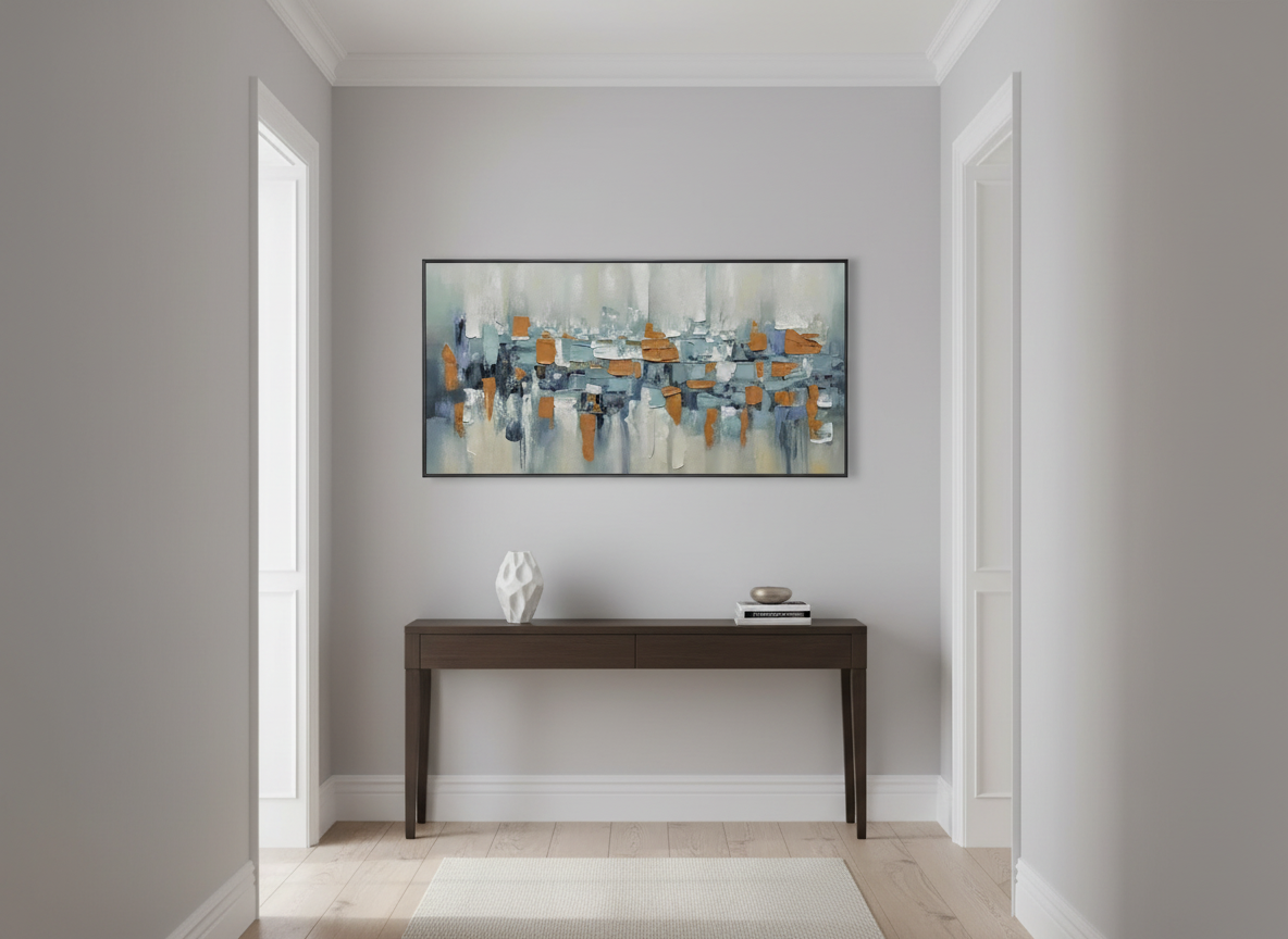 Panoramic textured wall art hanging in a long hallway with soft neutral decor