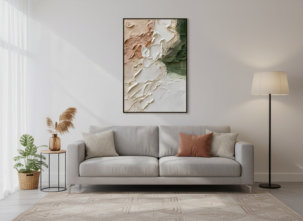Original textured abstract painting staged as a thoughtful housewarming gift in a bright modern living room