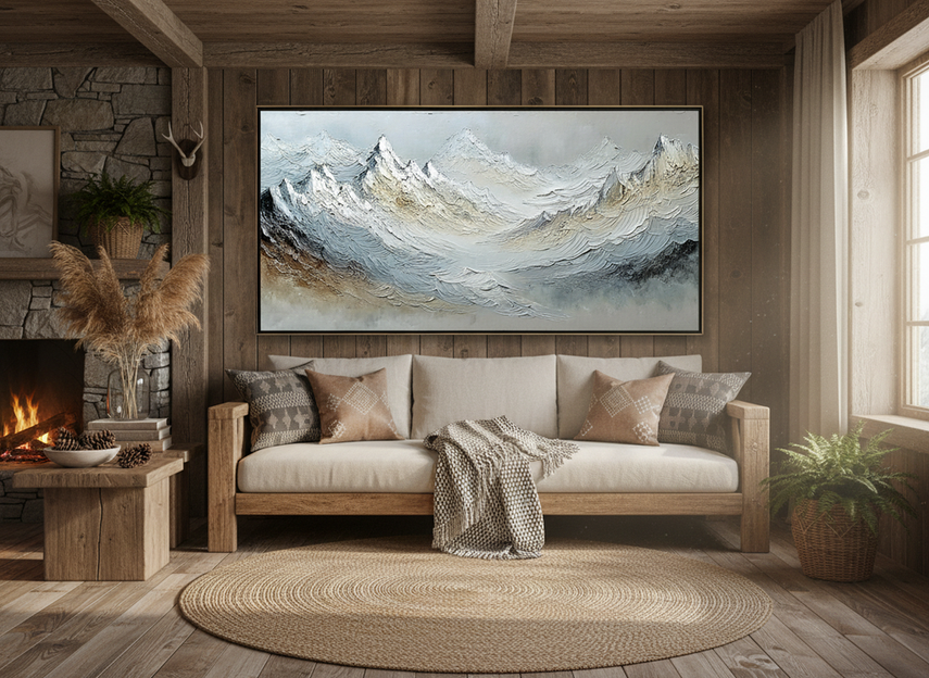 Heavily textured mountain landscape painting in a rustic cabin living room above a wood sofa, warm natural light, horizontal composition
