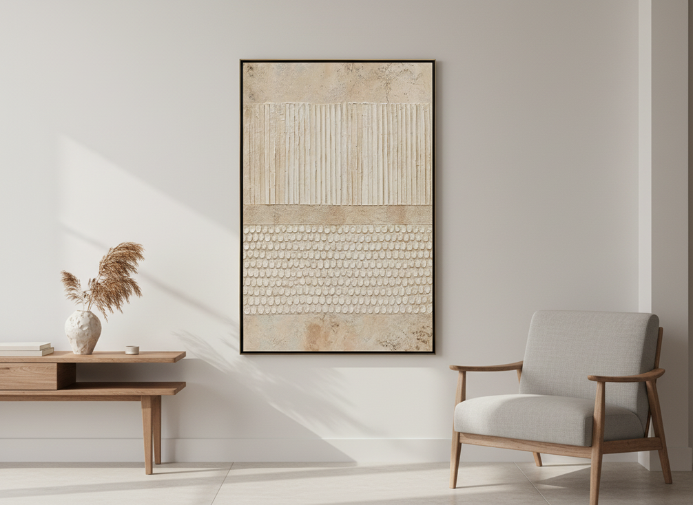 Textured vertical abstract painting styled for a city apartment wall