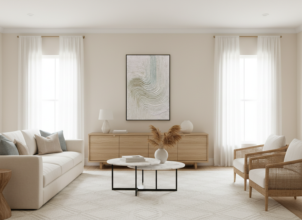 Textured abstract wall art in a bright vacation living room with neutral furnishings and natural light