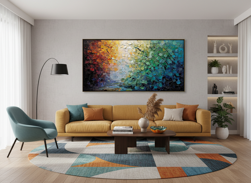 Large abstract impasto painting with rich layered color in a modern colorful living room
