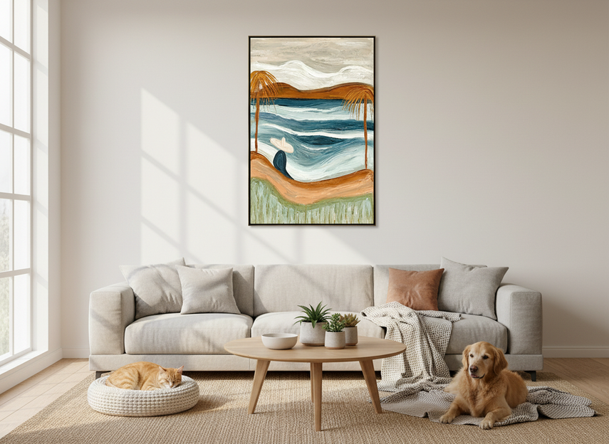 Textured original wall art in a calm living room, hung high above pet reach and away from furniture launch points