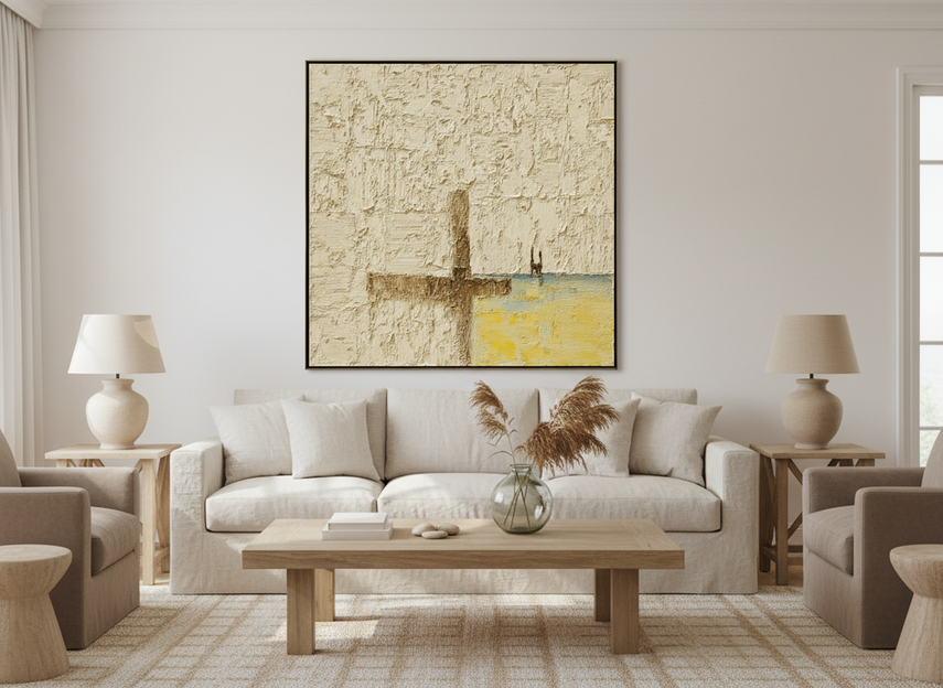 Textured abstract coastal wall art in a calm beach home living room with soft neutral tones