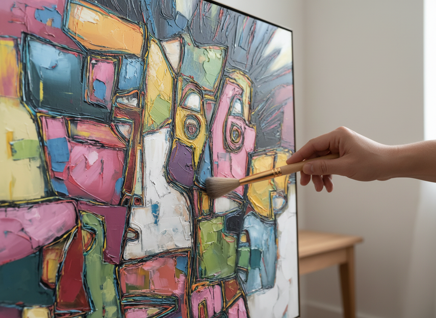 Textured oil painting being gently dusted with a soft brush