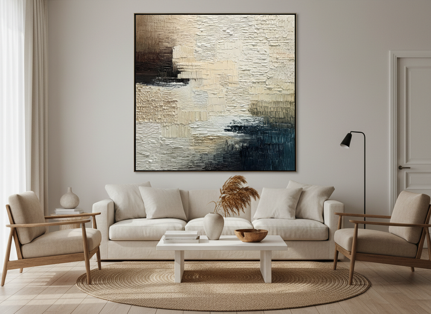 Textured original wall art displayed in a modern living room as a focal piece, showing visible paint relief and depth