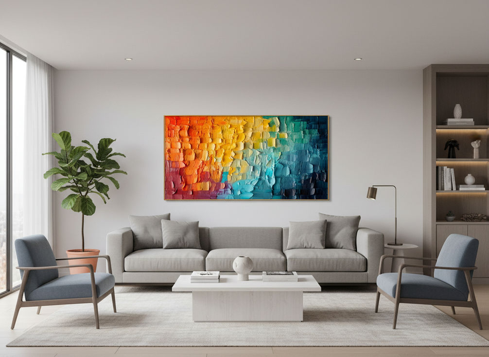 Large textured abstract painting hung above a sofa in a bright living room, showing balanced proportions and a comfortable viewing height from the seating area