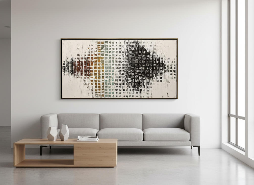 Large textured abstract wall art in a polished office reception area