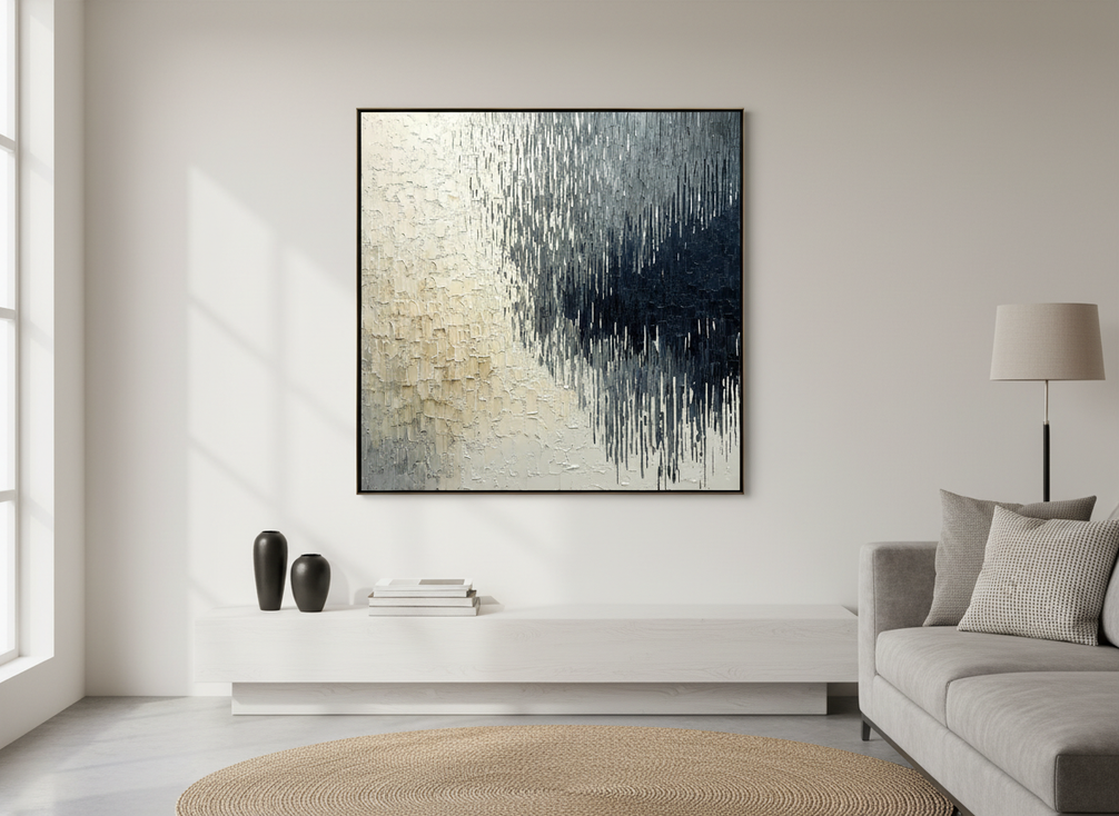 Textured original painting displayed as a modern wall art centerpiece in a bright living room
