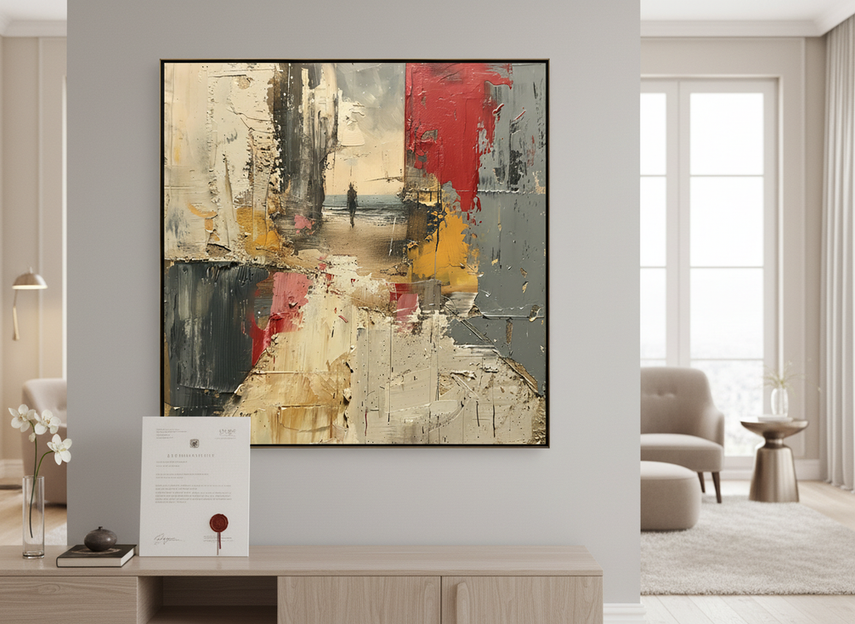 Hand-painted abstract oil painting on a wall with visible brush texture and a framed authenticity document beside it