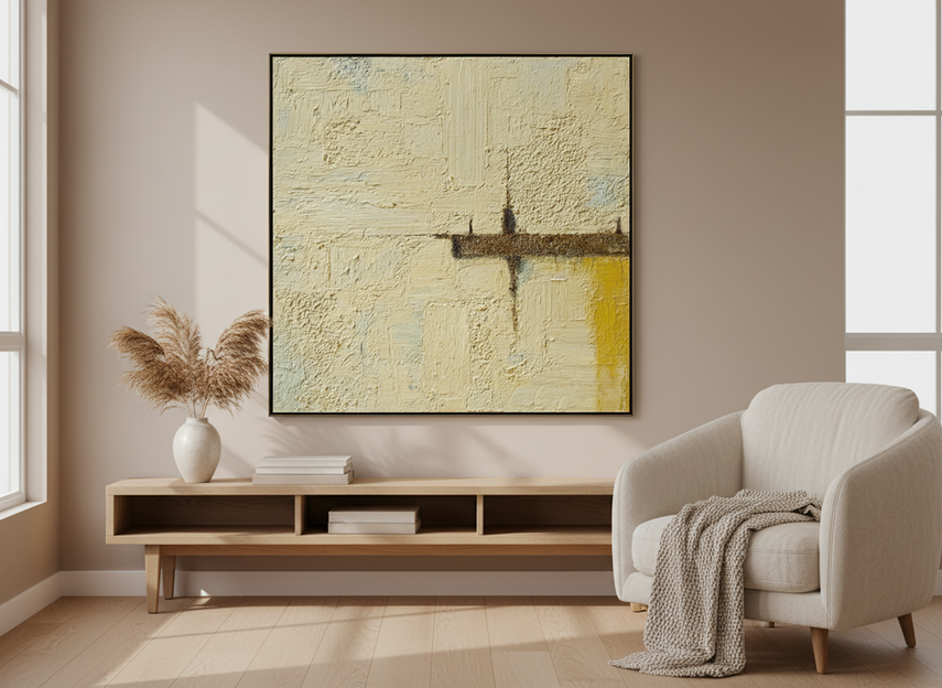 Original textured abstract painting styled as a housewarming gift in a bright modern living room
