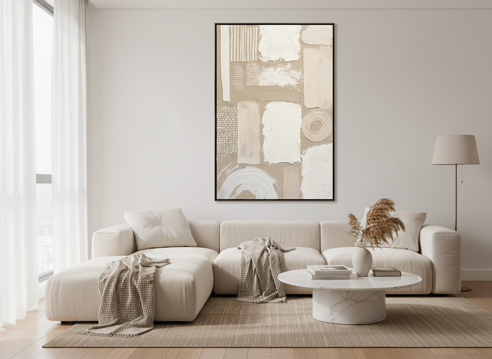 A textured abstract painting in a bright living room, shown as a premium focal point on the wall