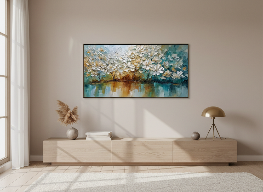 A hand-painted textured floral landscape in a bright living room, shown as a framed wall artwork with visible raised paint surface